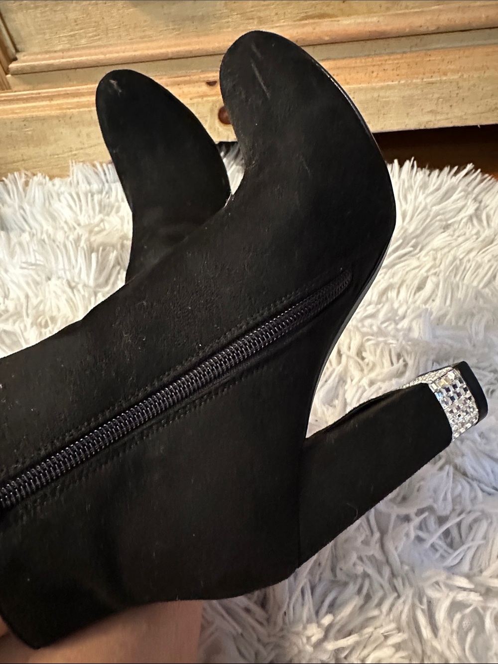 XOXO Bling block heels ..Black Suede Ankle Booties with Rhinestone Block Heel